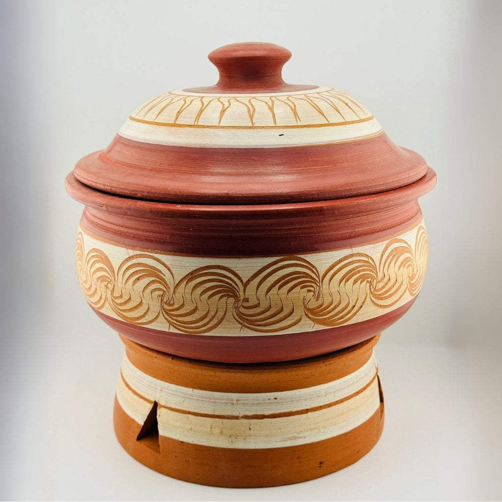 Traditional Clay Cooking Pot with Lid and Stove Base