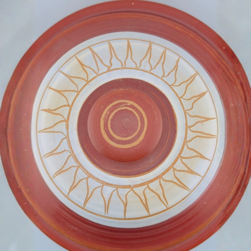 Top view of large handcrafted buffet clay pot with decorative lid and traditional Sri Lankan pattern