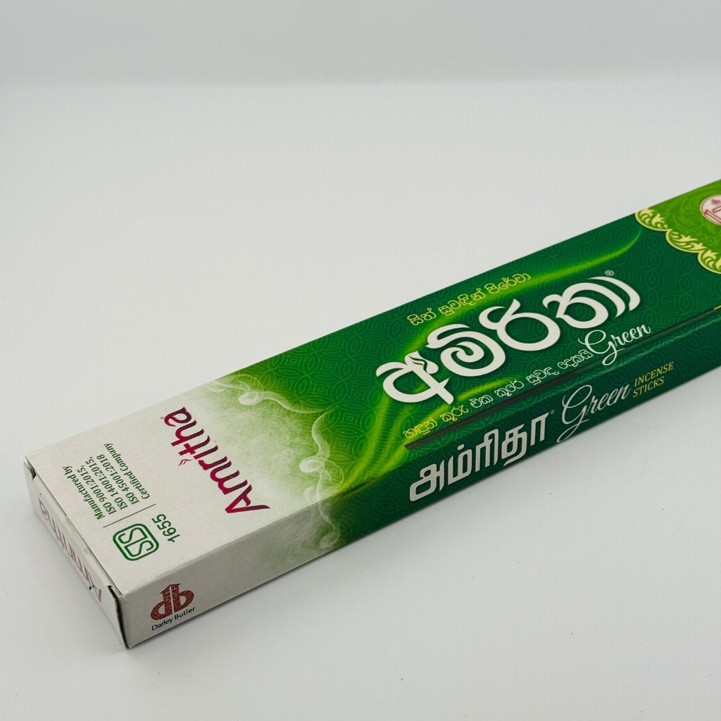 Amritha Green Incense Sticks box angled view – Sri Lankan herbal incense by Darley Butler, ISO certified