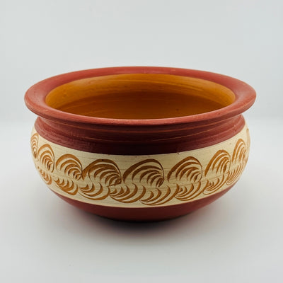Handcrafted clay buffet pot without lid showing interior Sri Lankan pattern